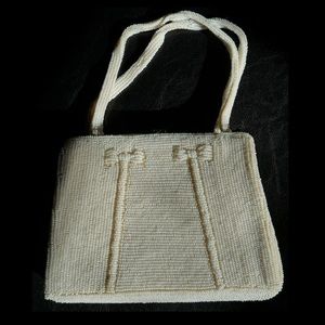 Vintage Beaded Hand Bag-White-7x5